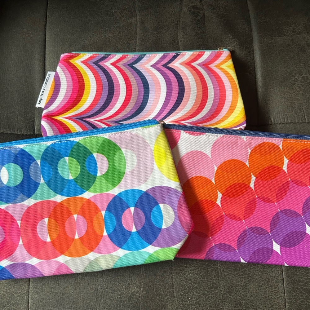 NEW Lot of 3 Kapitza x Clinique Makeup Travel Bags Pouches Colorful Geometric